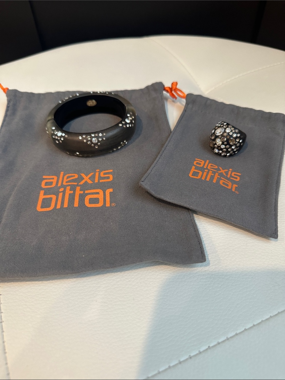 Alexis Bittar Black Crystal-Studded Resin Bangle and Dome Ring Set